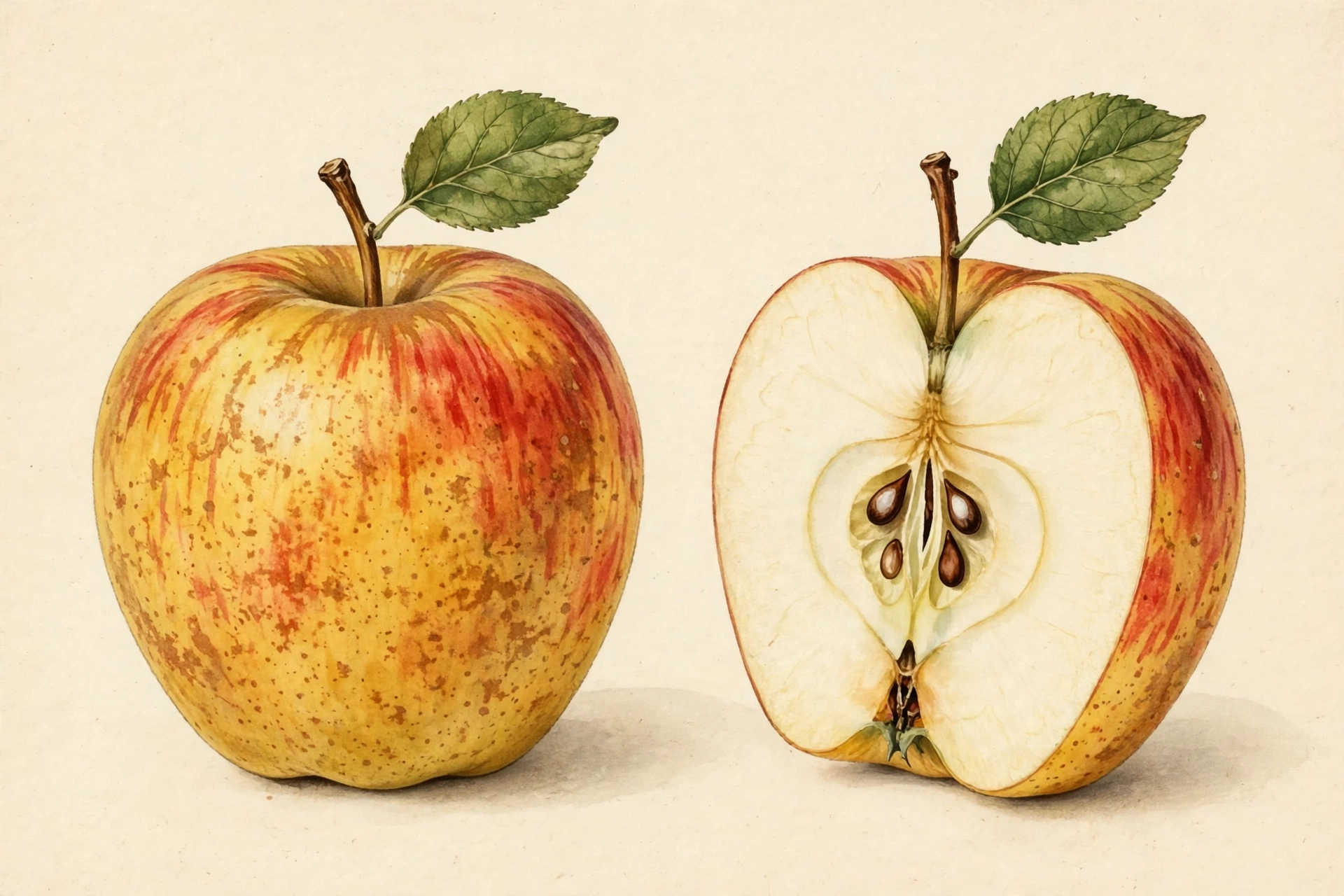 Botanical illustration of a whole Honeycrisp apple and a vertical cutaway showing its pale flesh, core and seeds
